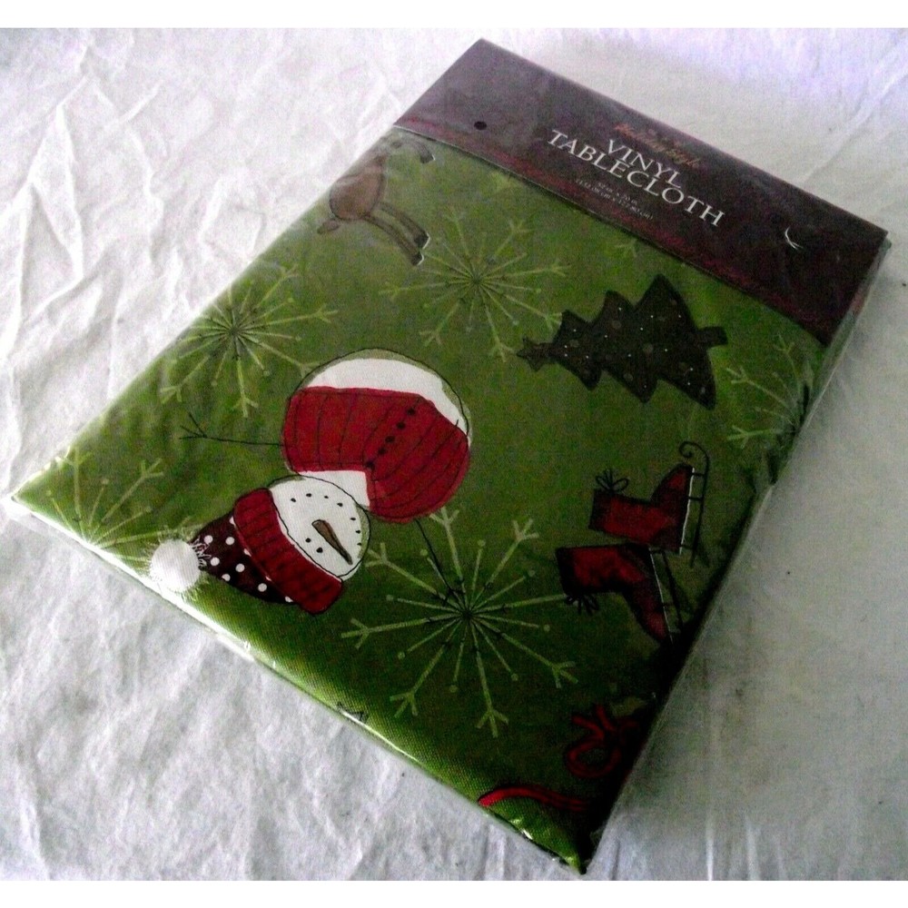 Christmas Tablecloth Winter Snowman Vinyl Whimsical Snowman Reindeer Skates NIP